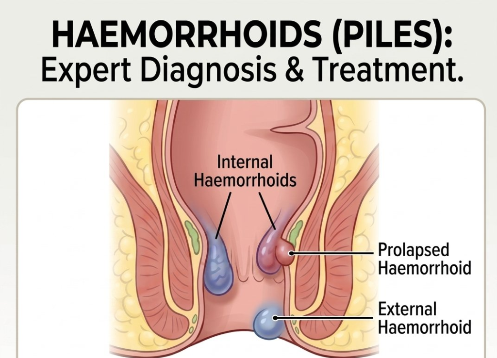 Internal haemorrhoid, above dentate line, usually painless Prolapsed haemorrhoid, protrudes through the anal canal External haemorrhoid, below dentate line, may be painful